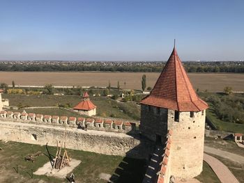 Panoramic view of temple and building against clear sky