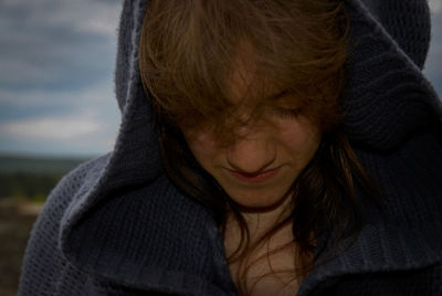 Close-up portrait of a woman in winter