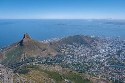 High angle view of townscape by sea against sky