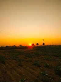 Scenic view of agricultural field against clear sky during sunset