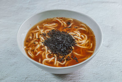 High angle view of soup in bowl