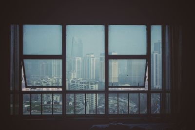 Cityscape seen through window