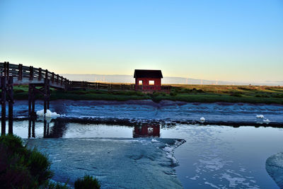 Scenic view of lake against clear sky at sunset