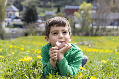 Portrait of cute smiling boy holding dandelion on field