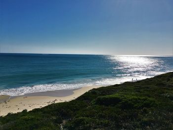 Scenic view of sea against clear blue sky