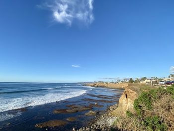 Scenic view of sea against blue sky