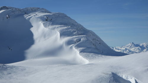 Scenic view of snowcapped mountains against sky