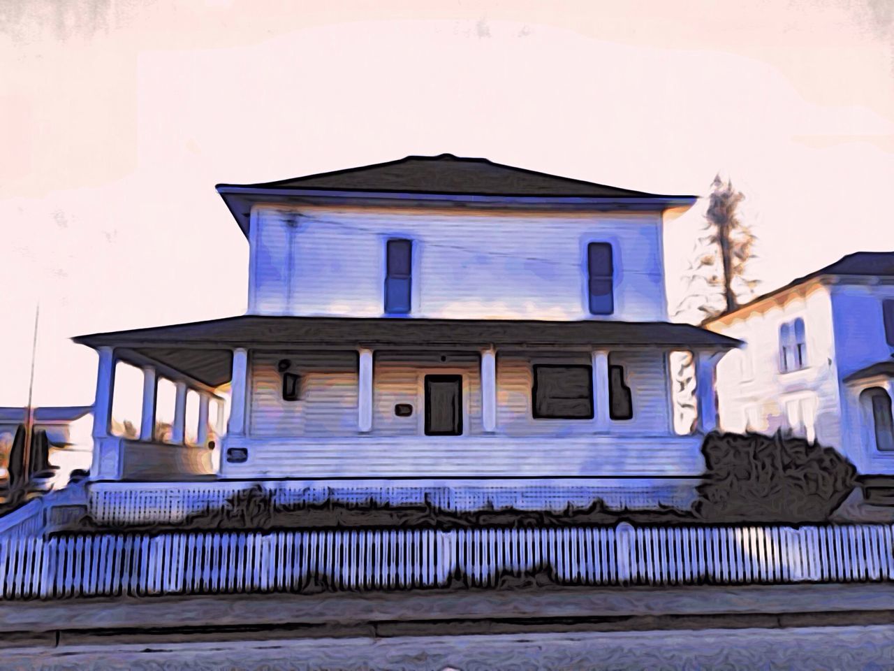 architecture, building exterior, built structure, window, house, residential building, residential structure, railing, empty, sky, absence, no people, building, outdoors, day, balcony, chair, city, street, sidewalk