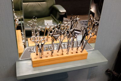 Variety of scissors on stand