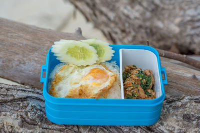 High angle view of food in plate on table