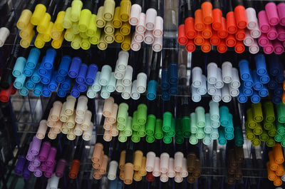 Full frame shot of colorful felt tip pens for sale in store