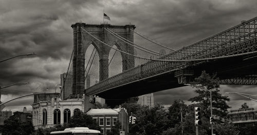 Low angle view of suspension bridge against cloudy sky