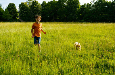 A boy runs through a summer field with small pomeranian dog