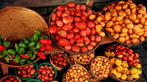 High angle view of fruits for sale at market stall