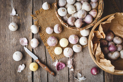 High angle view of eggs in basket on table