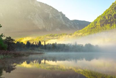 Scenic view of lake by mountains against sky