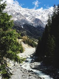 Scenic view of stream amidst snow covered mountains against sky