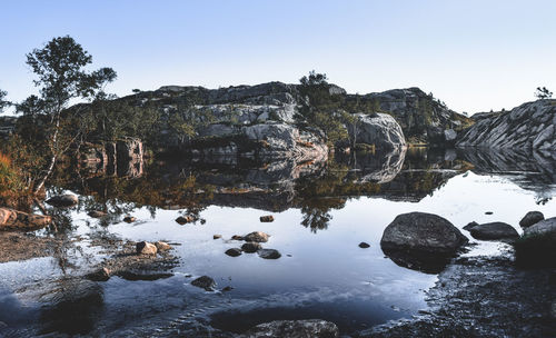 Scenic view of lake against clear sky during winter