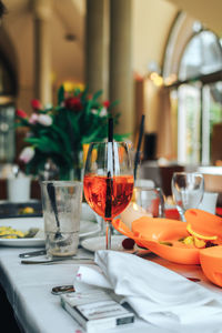 Glass of wine on table in restaurant