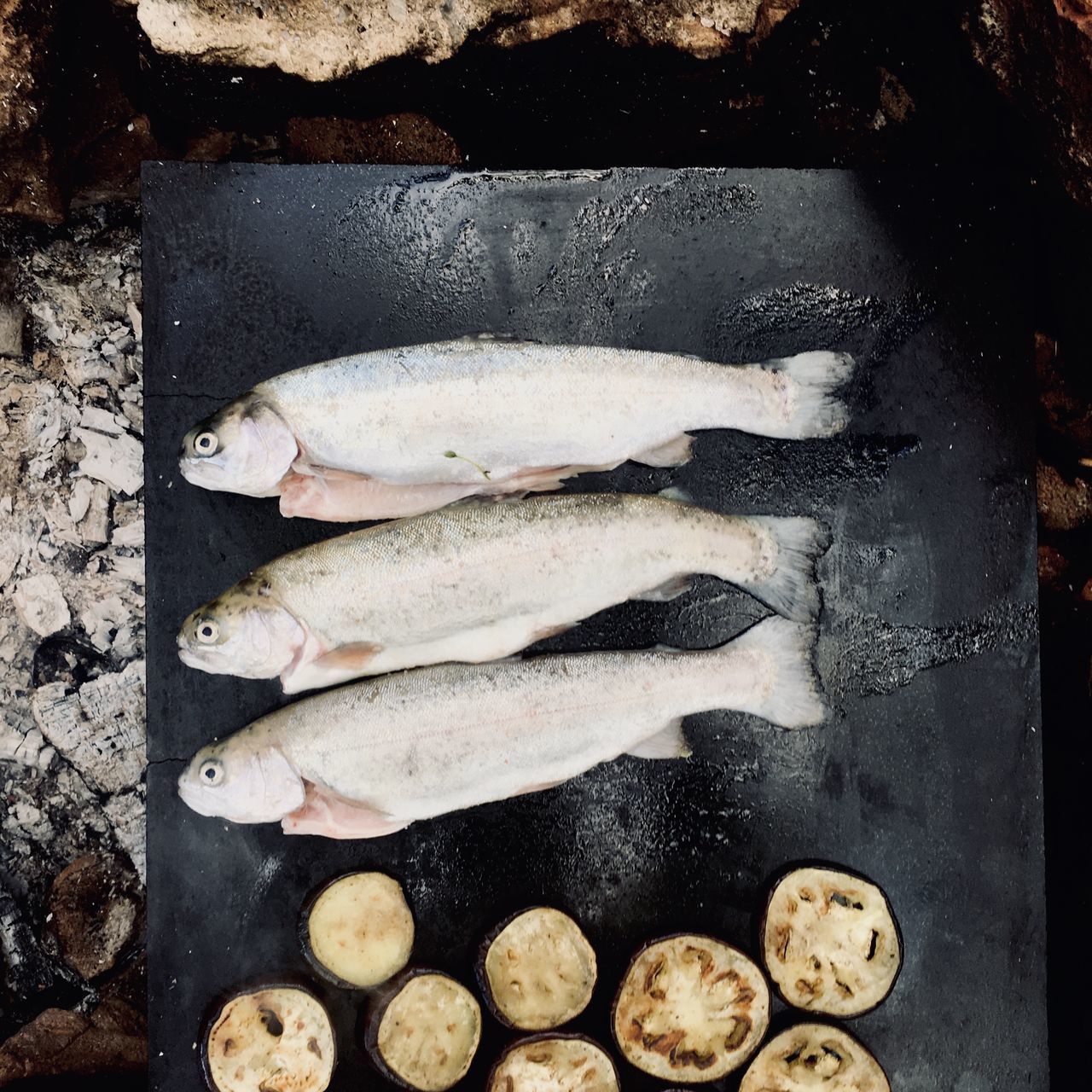 HIGH ANGLE VIEW OF FISH ON GRILL