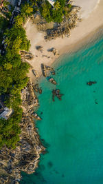 Patong beach aerial drone landscape view aqua blue water phuket thailand