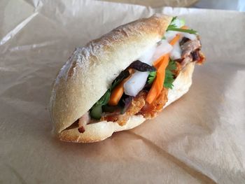 Close-up of banh mi vietnamese sandwich on paper