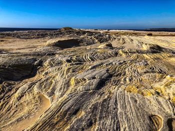 Aerial view of arid landscape against clear sky