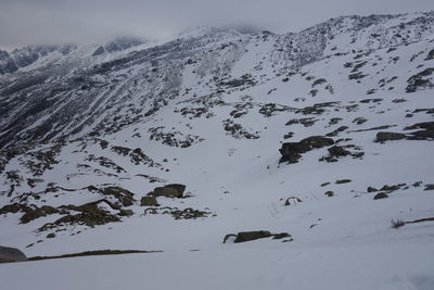 Scenic view of snow covered mountains against sky