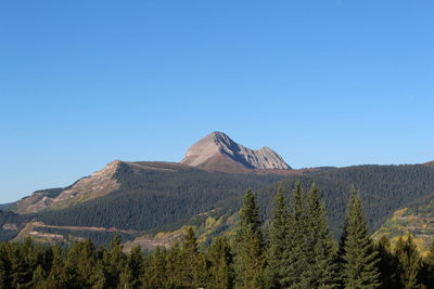 Scenic view of mountains against clear blue sky