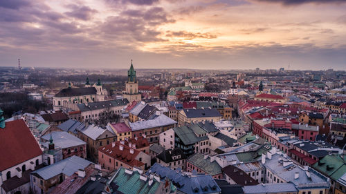 High angle view of cityscape against sky