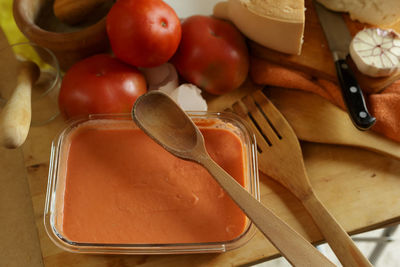 Food ingredients to make salmorejo, a traditional food from cordoba, spain.