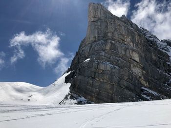 Low angle view of snowcapped mountain against sky