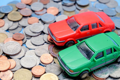 High angle view of coins in container