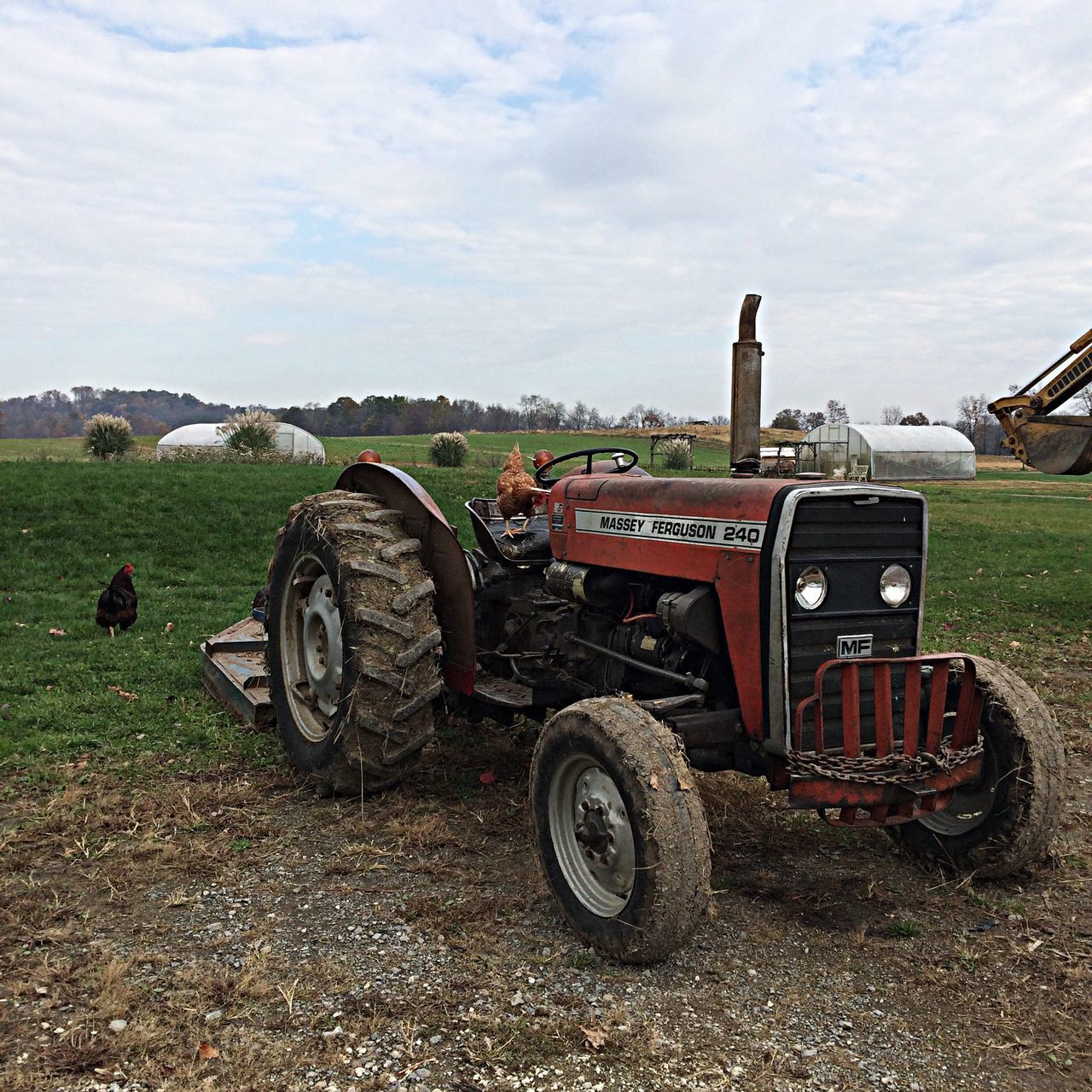 transportation, land vehicle, mode of transport, field, sky, tractor, abandoned, rural scene, landscape, cloud - sky, agriculture, car, obsolete, stationary, grass, farm, damaged, old, agricultural machinery, day