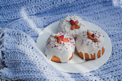 High angle view of dessert in plate on table