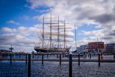 The harbor of luebeck-travemuende with the old sailing ship passat