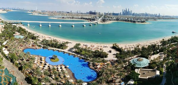 High angle view of swimming pool by sea at atlantis the palm