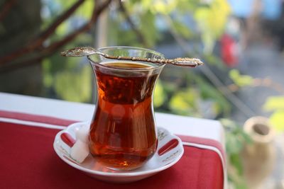 Close-up of tea in cup on table