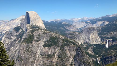 Panoramic view of rocky mountains against clear sky