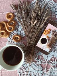 High angle view of coffee on table