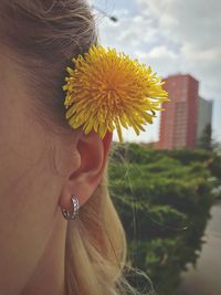 Close-up of woman hand with yellow flower