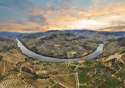 High angle view of landscape against sky during sunset