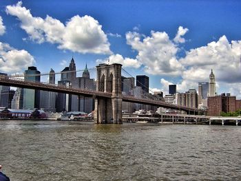 Bridge over river with buildings in background