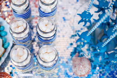 High angle view of glass on table