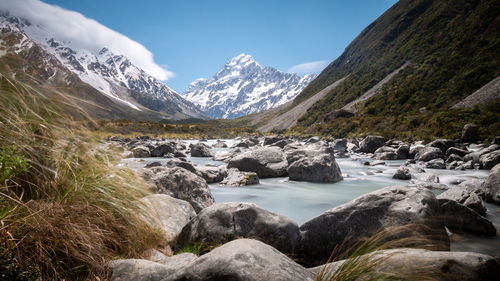 Scenic view of snowcapped mountains against sky