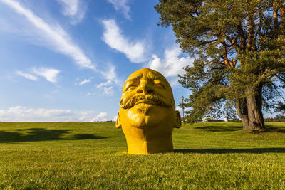 The container - yellow head sculpture in the birstonas, lithuania, 4 june 2022