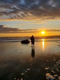 Silhouette people on beach against sky during sunset