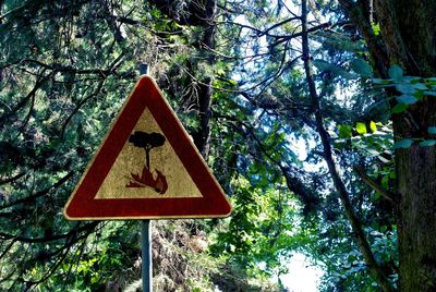 Close-up of road sign against trees