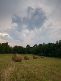 Hay bales on field against sky