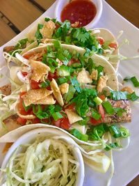 High angle view of food in plate